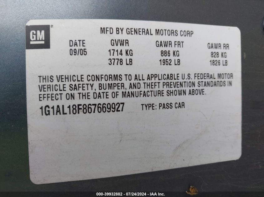 2006 Chevrolet Cobalt Lt VIN: 1G1AL18F867669927 Lot: 39932882