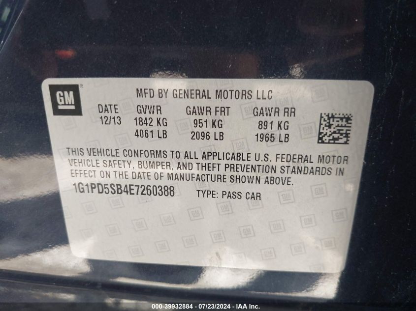 2014 Chevrolet Cruze 1Lt Manual VIN: 1G1PD5SB4E7260388 Lot: 39932884