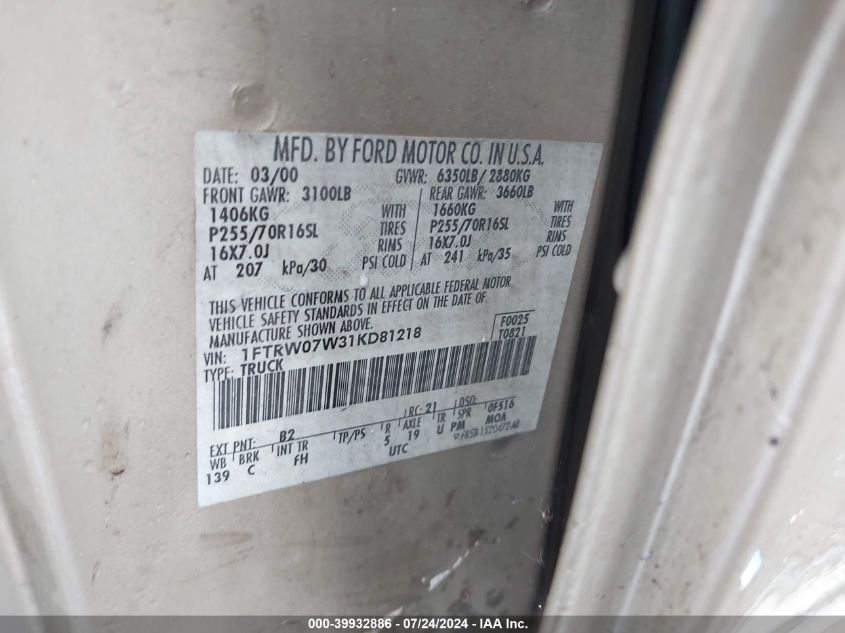 2001 Ford F-150 Harley-Davidson Edition/King Ranch Edition/Lariat/Xlt VIN: 1FTRW07W31KD81218 Lot: 39932886