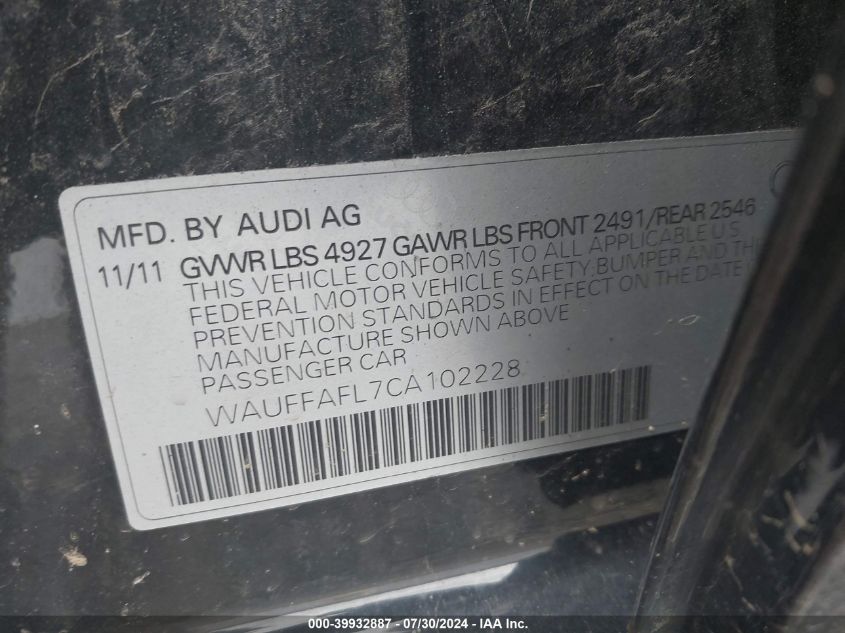 2012 Audi A4 2.0T Premium VIN: WAUFFAFL7CA102228 Lot: 39932887