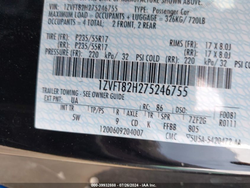 2007 Ford Mustang Gt Deluxe/Gt Premium VIN: 1ZVFT82H275246755 Lot: 39932888