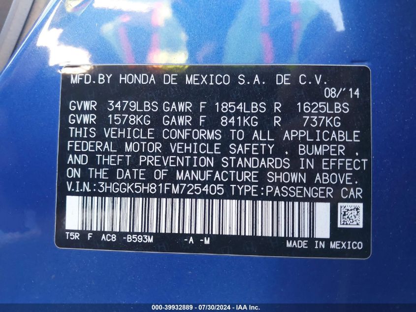 2015 Honda Fit Ex/Ex-L VIN: 3HGGK5H81FM725405 Lot: 39932889