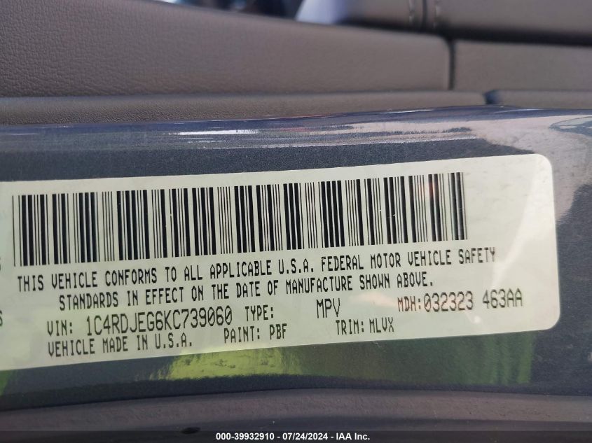 2019 Dodge Durango Citadel Anodized Platinum Awd VIN: 1C4RDJEG6KC739060 Lot: 39932910