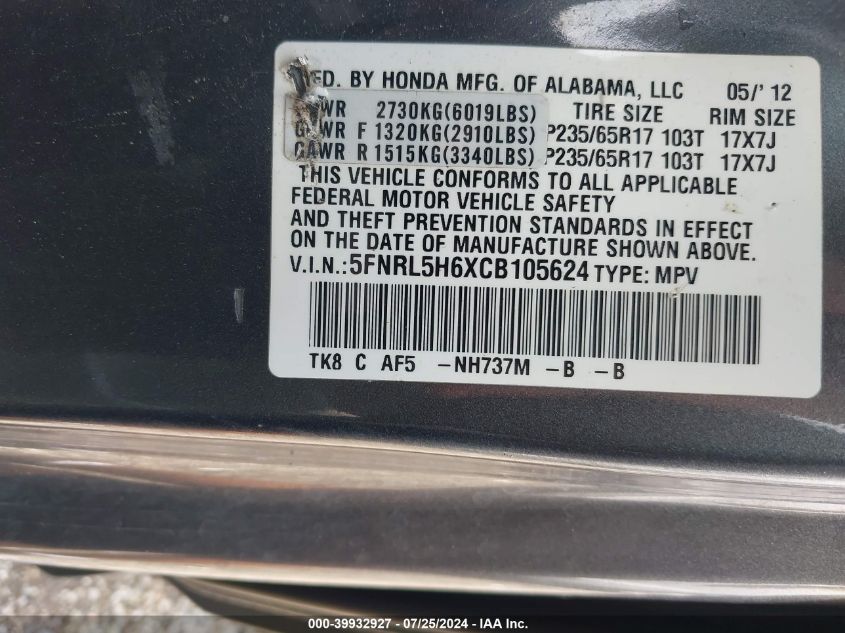 2012 Honda Odyssey Ex-L VIN: 5FNRL5H6XCB105624 Lot: 39932927