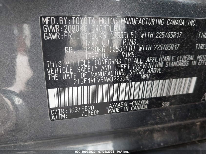 2022 Toyota Rav4 Le VIN: 2T3F1RFV5NW322358 Lot: 39932932