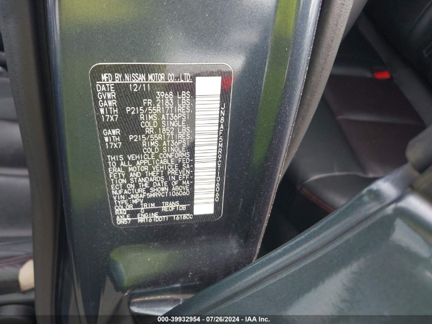 2012 Nissan Juke Sl VIN: JN8AF5MR9CT106060 Lot: 39932954