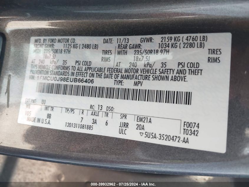 2014 Ford Escape Titanium VIN: 1FMCU0J98EUB66406 Lot: 39932962