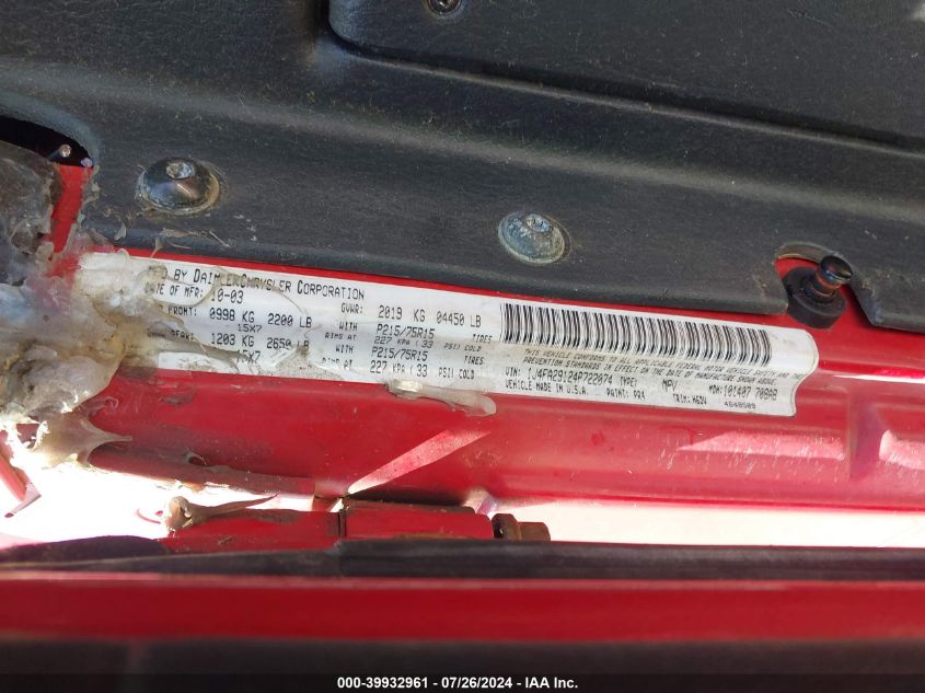 2004 Jeep Wrangler Se VIN: 1J4FA29124P722074 Lot: 39932961