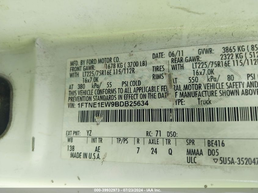 2011 Ford Econoline E150 Van VIN: 1FTNE1EW9BDB25634 Lot: 39932973