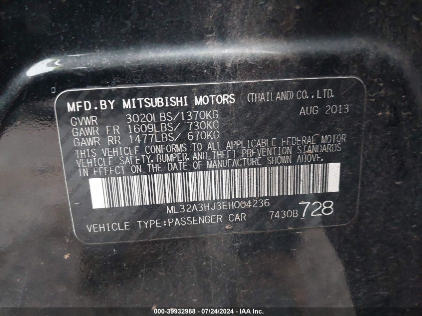 2014 Mitsubishi Mirage De VIN: ML32A3HJ3EH004236 Lot: 39932988