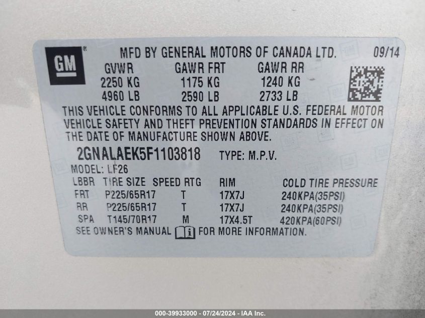 2GNALAEK5F1103818 2015 Chevrolet Equinox Ls