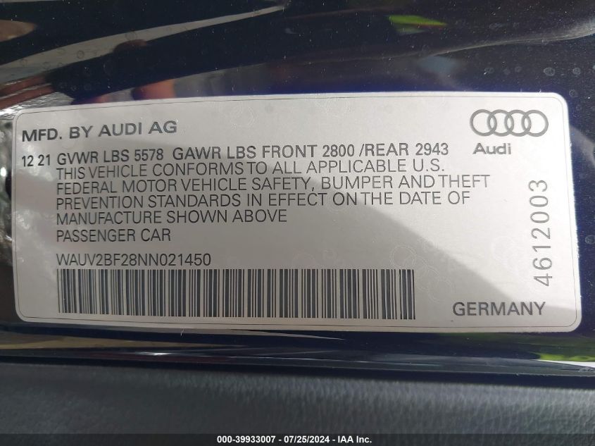 2022 Audi A7 Sportback Prestige 55 Tfsi Quattro S Tronic VIN: WAUV2BF28NN021450 Lot: 39933007