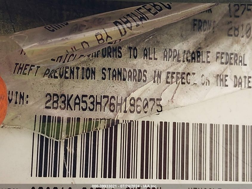 2006 Dodge Charger Rt VIN: 2B3KA53H76H196075 Lot: 39933021