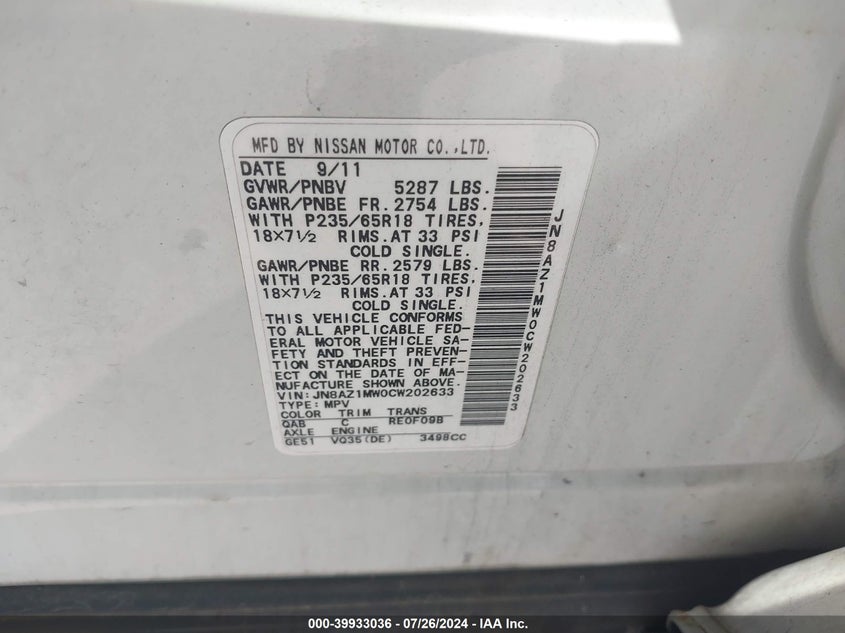 2012 Nissan Murano S VIN: JN8AZ1MW0CW202633 Lot: 39933036