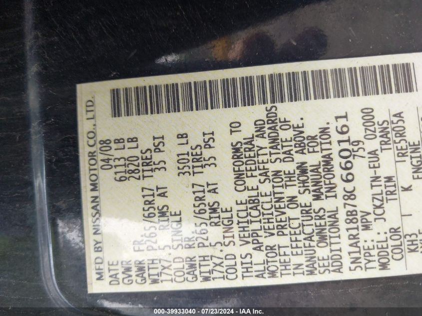 2008 Nissan Pathfinder Se VIN: 5N1AR18B78C660161 Lot: 39933040