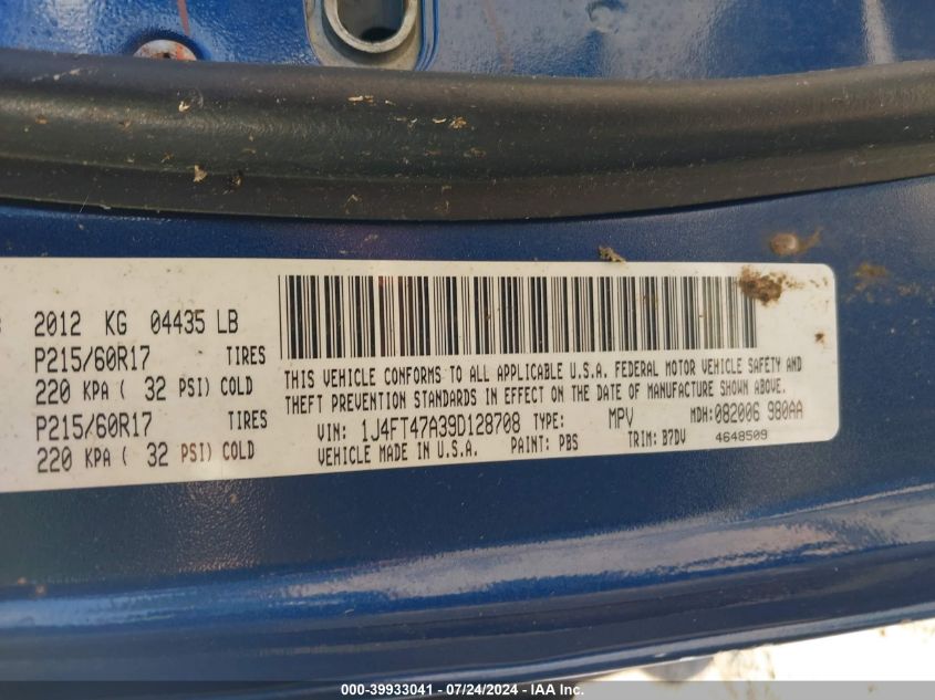 2009 Jeep Compass Sport VIN: 1J4FT47A39D128708 Lot: 39933041