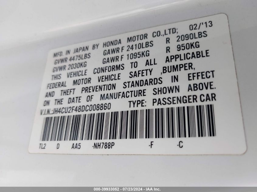 2013 Acura Tsx VIN: JH4CU2F48DC008860 Lot: 39933052