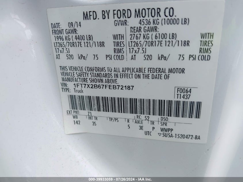 2015 Ford F-250 Xlt VIN: 1FT7X2B67FEB72187 Lot: 39933059