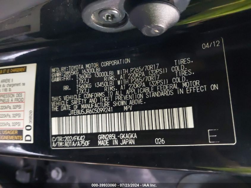 2012 Toyota 4Runner Sr5 VIN: JTEBU5JR6C5099241 Lot: 39933060