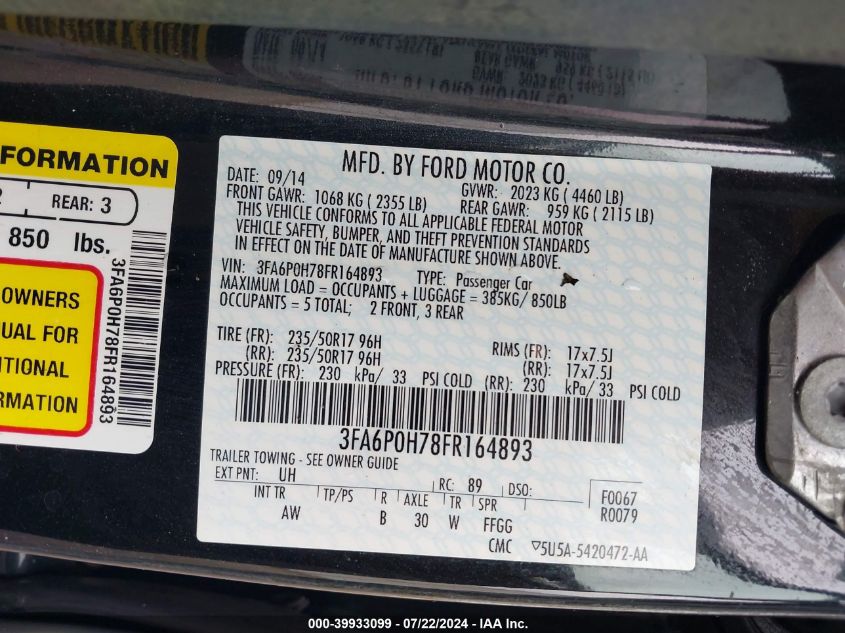 2015 Ford Fusion Se VIN: 3FA6P0H78FR164893 Lot: 39933099