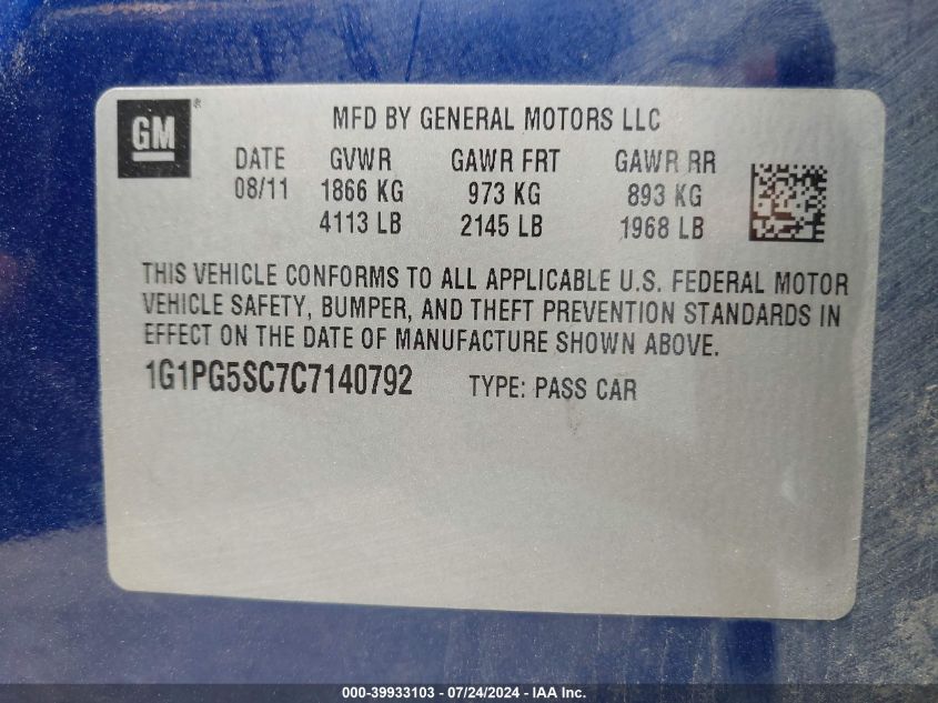 2012 Chevrolet Cruze 2Lt VIN: 1G1PG5SC7C7140792 Lot: 39933103