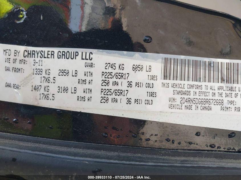 2011 Dodge Grand Caravan Crew VIN: 2D4RN5DG6BR672668 Lot: 39933110