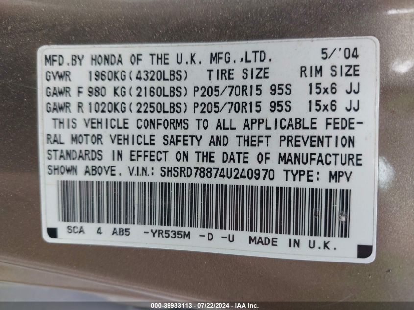 2004 Honda Cr-V Ex VIN: SHSRD78874U240970 Lot: 39933113