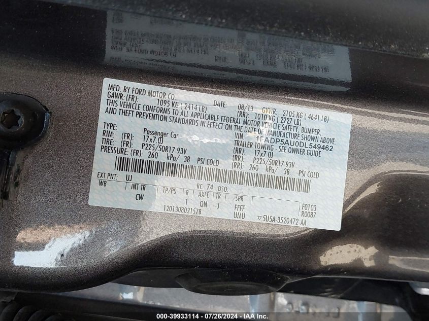 2013 Ford C-Max Hybrid Se VIN: 1FADP5AU0DL549462 Lot: 39933114