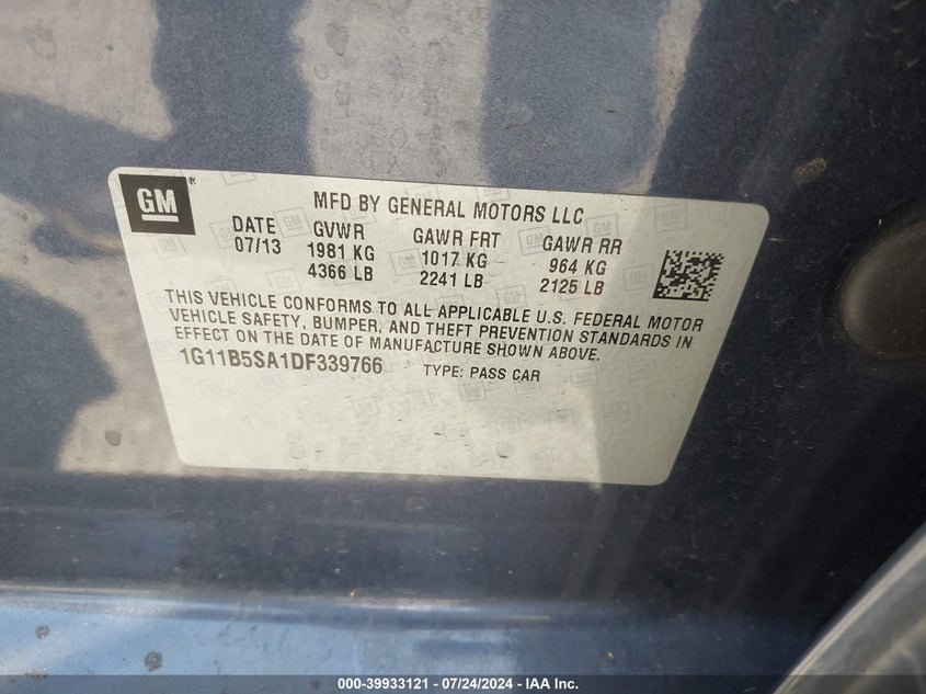 2013 Chevrolet Malibu 1Ls VIN: 1G11B5SA1DF339766 Lot: 39933121