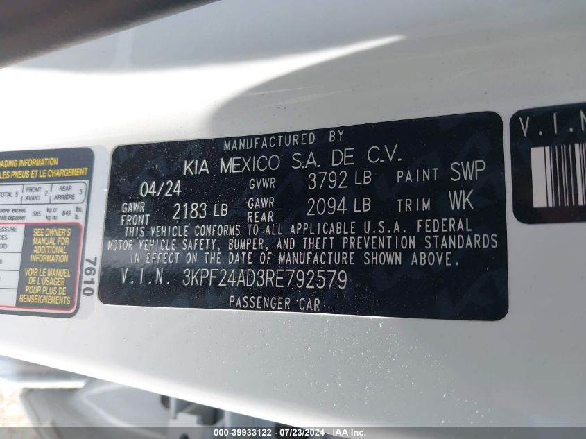 2024 Kia Forte Lxs VIN: 3KPF24AD3RE792579 Lot: 39933122