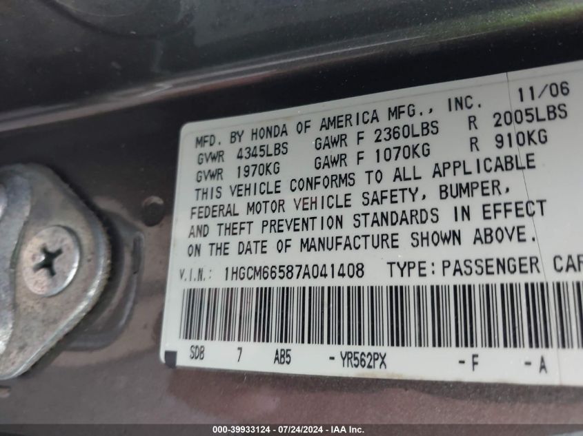 1HGCM66587A041408 | 2007 HONDA ACCORD