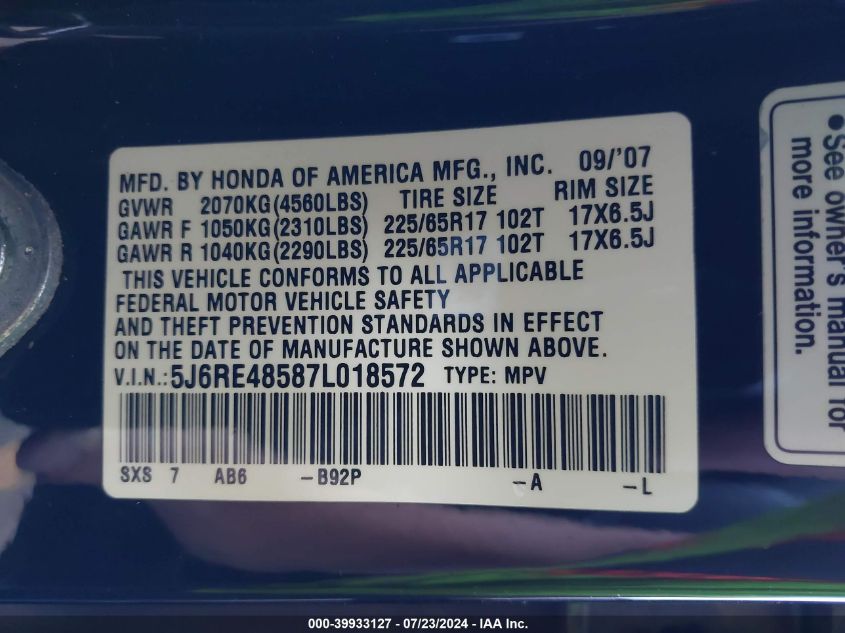 2007 Honda Cr-V Ex VIN: 5J6RE48587L018572 Lot: 39933127