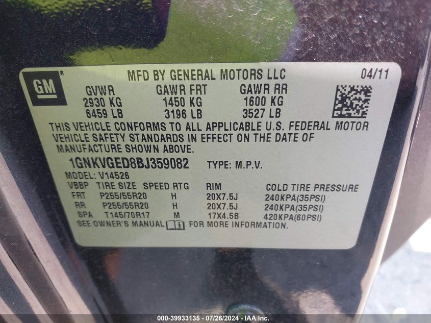 2011 Chevrolet Traverse Lt VIN: 1GNKVGED8BJ359082 Lot: 39933135