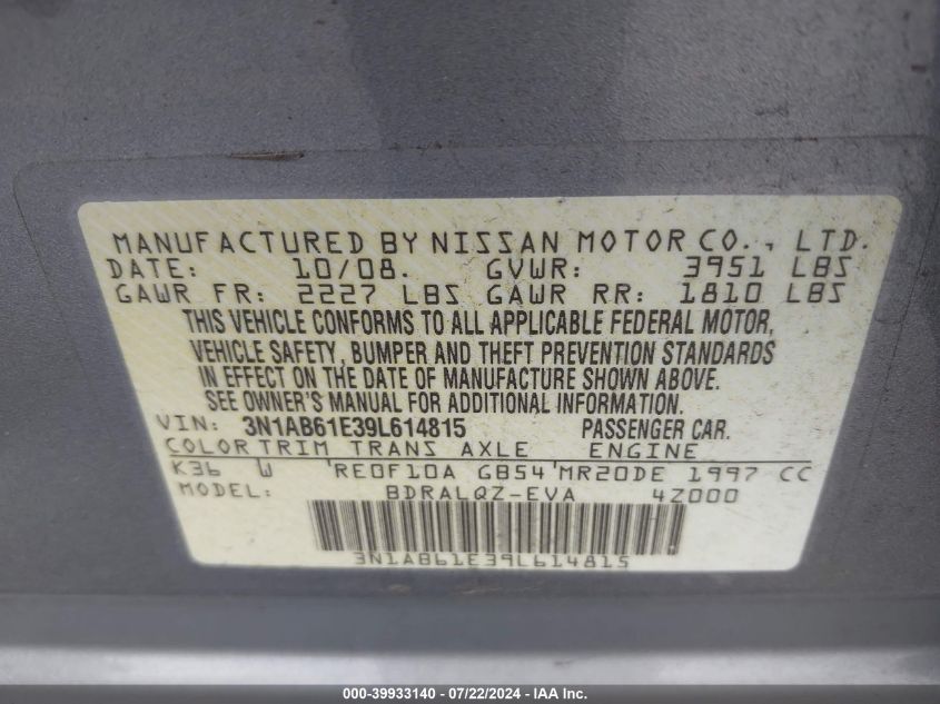 2009 Nissan Sentra 2.0 VIN: 3N1AB61E39L614815 Lot: 39933140