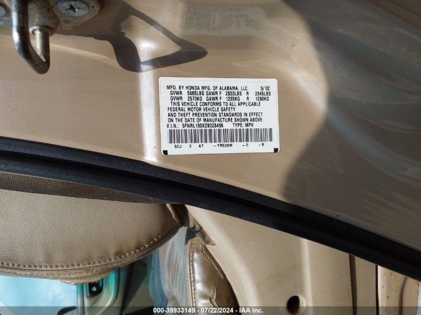 2002 Honda Odyssey Ex-L VIN: 5FNRL180X2B028496 Lot: 39933149