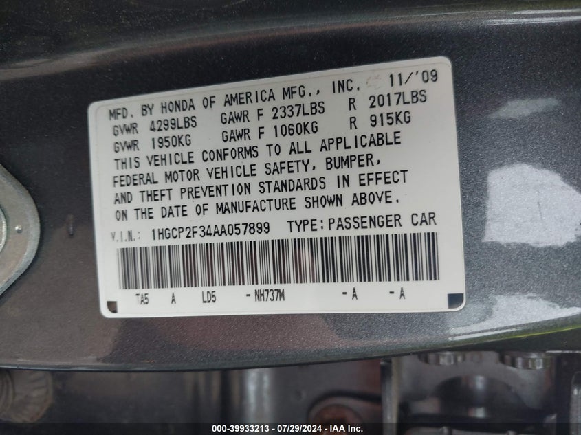 2010 Honda Accord 2.4 Lx VIN: 1HGCP2F34AA057899 Lot: 39933213