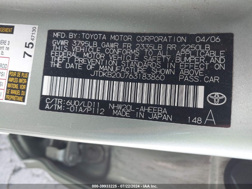 2006 Toyota Prius VIN: JTDKB20U763183860 Lot: 39933225