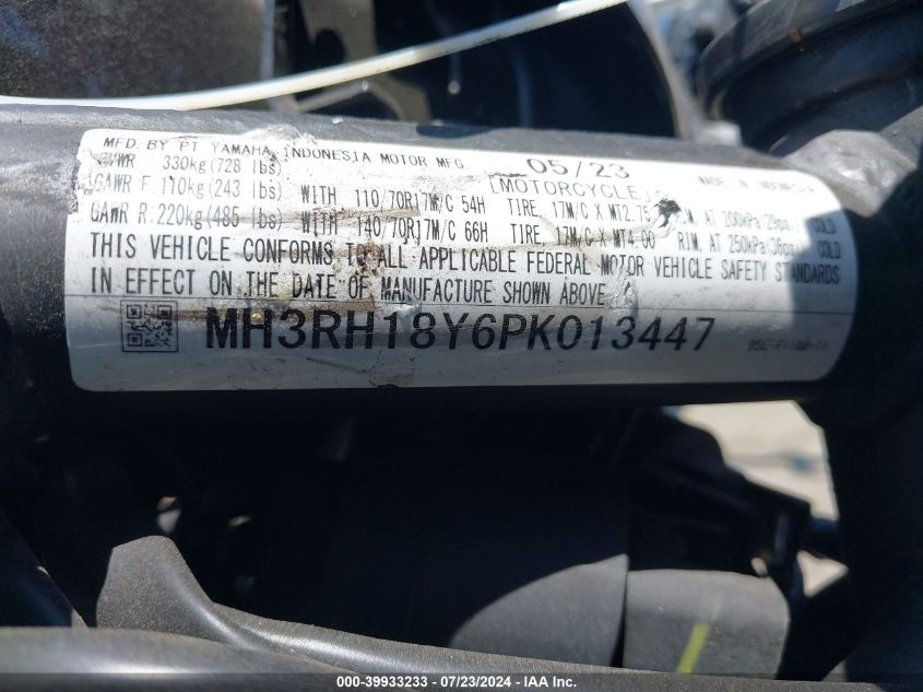 2023 Yamaha Yzfr3 A VIN: MH3RH18Y6PK013447 Lot: 39933233