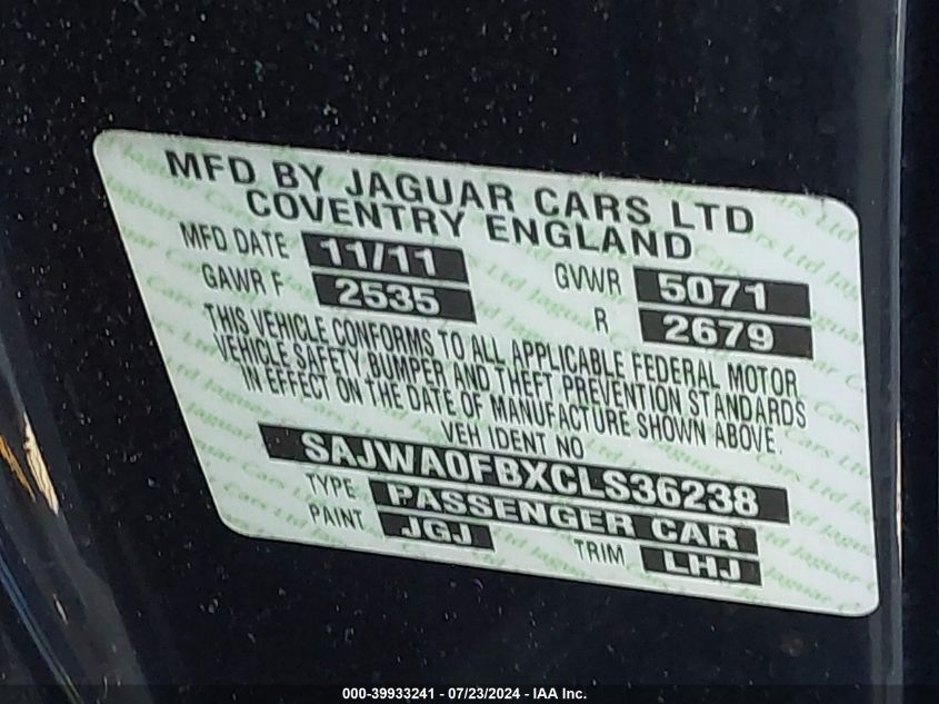 2012 Jaguar Xf VIN: SAJWA0FBXCLS36238 Lot: 39933241