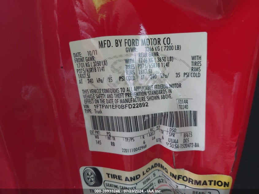 2011 Ford F-150 Fx4 VIN: 1FTFW1EF0BFD22892 Lot: 39933246