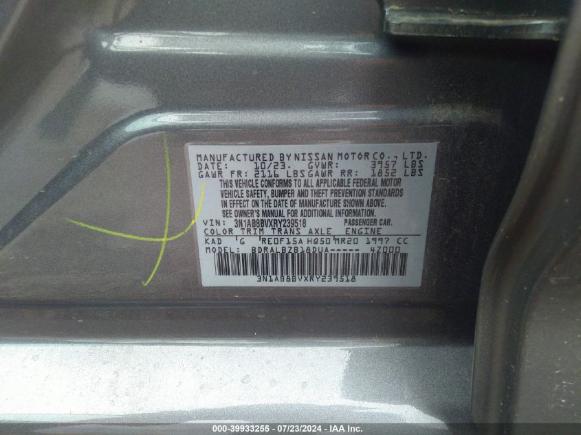 2024 Nissan Sentra S Xtronic Cvt VIN: 3N1AB8BVXRY239518 Lot: 39933255