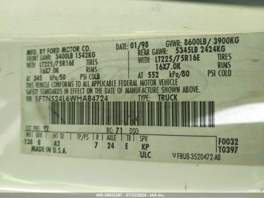 1998 Ford E-250 Commercial/Recreational VIN: 1FTNS24L6WHA84724 Lot: 39933267