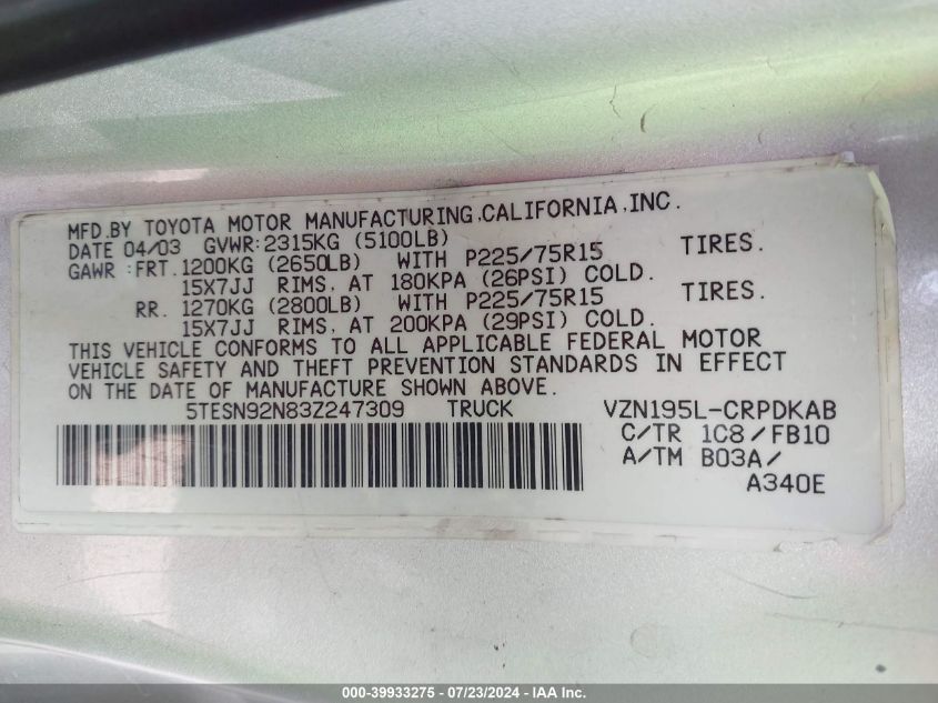 2003 Toyota Tacoma Prerunner V6 VIN: 5TESN92N83Z247309 Lot: 39933275