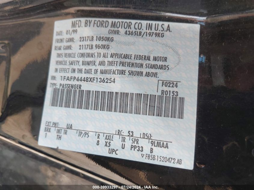 1999 Ford Mustang VIN: 1FAFP4448XF136254 Lot: 39933297