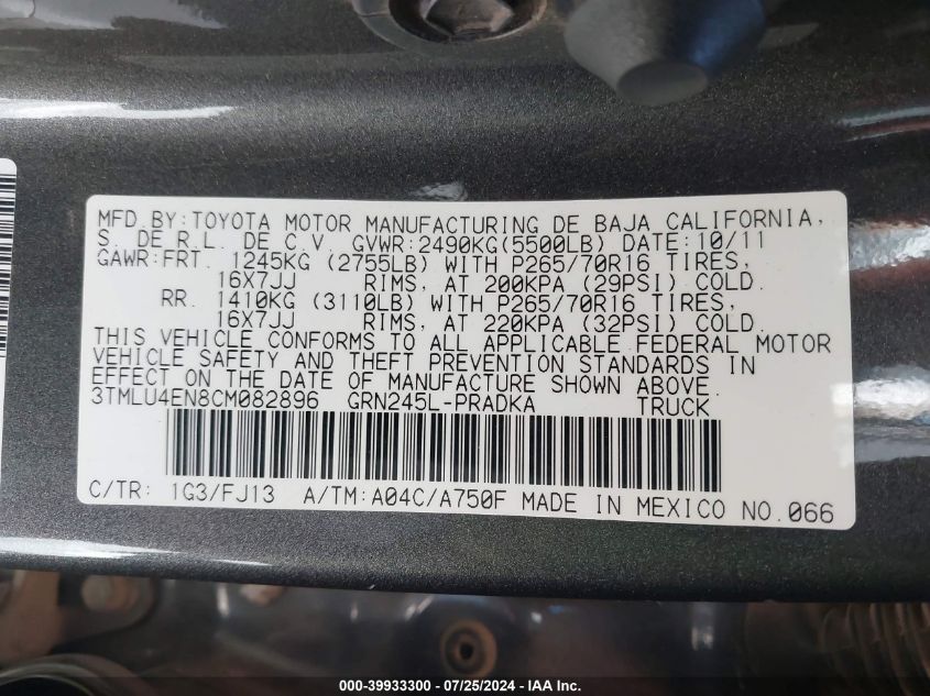 2012 Toyota Tacoma Base V6 VIN: 3TMLU4EN8CM082896 Lot: 39933300