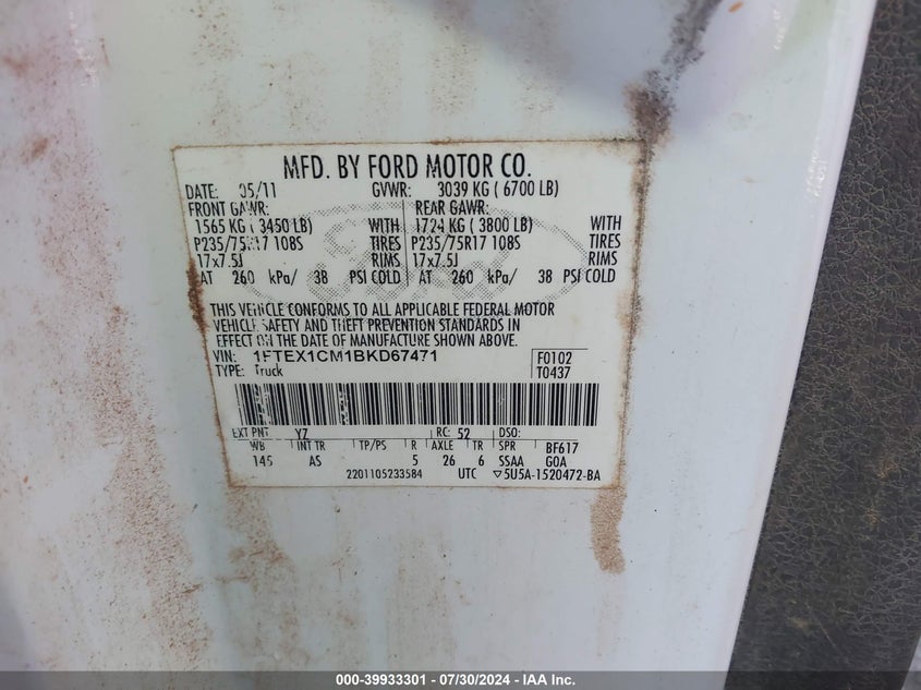 2011 Ford F-150 Xl VIN: 1FTEX1CM1BKD67471 Lot: 39933301