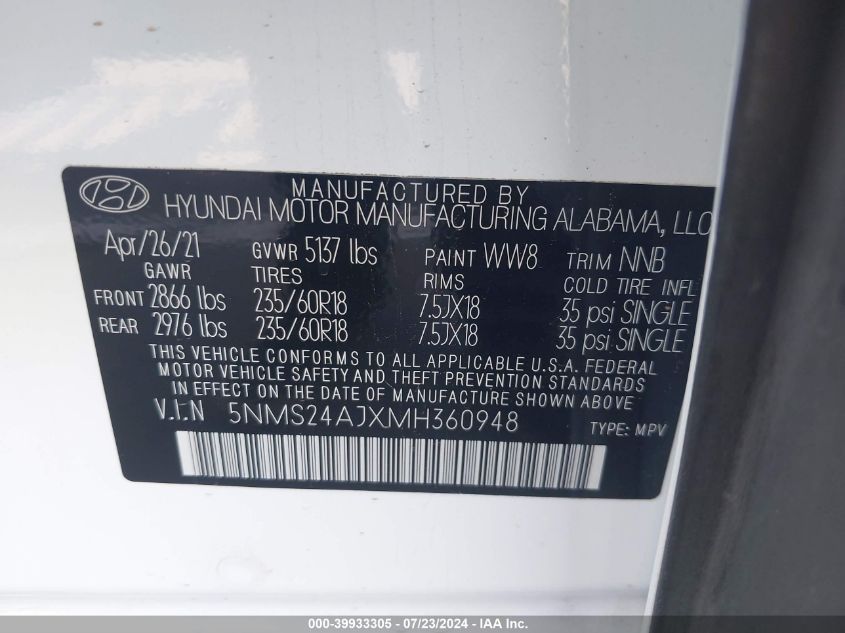 2021 Hyundai Santa Fe Sel VIN: 5NMS24AJXMH360948 Lot: 39933305