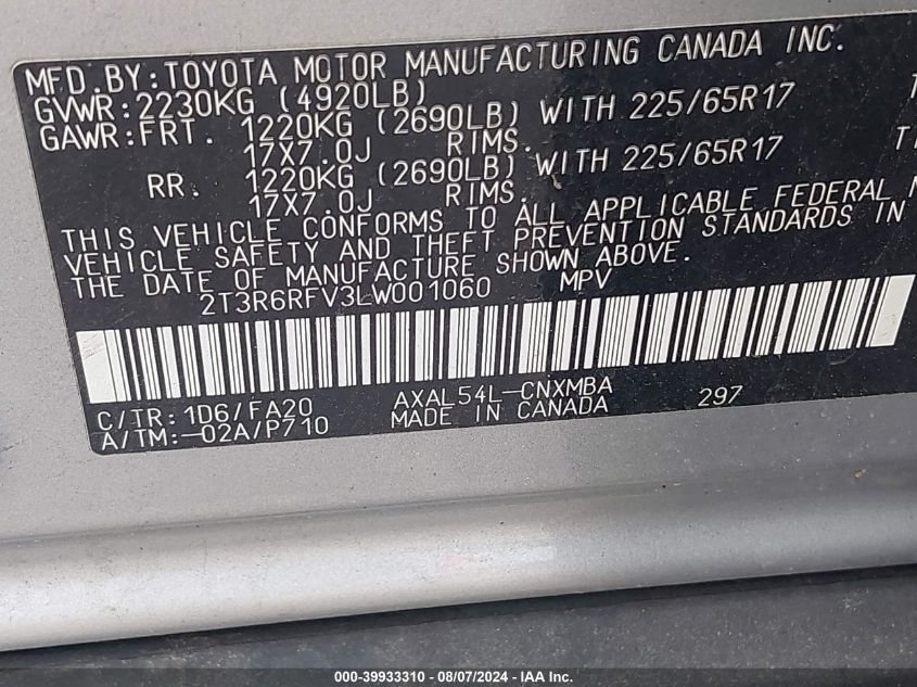 2020 Toyota Rav4 Hybrid Xle VIN: 2T3R6RFV3LW001060 Lot: 39933310