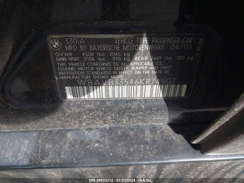 2006 BMW 330 I VIN: WBAVB33546KR74907 Lot: 39933312