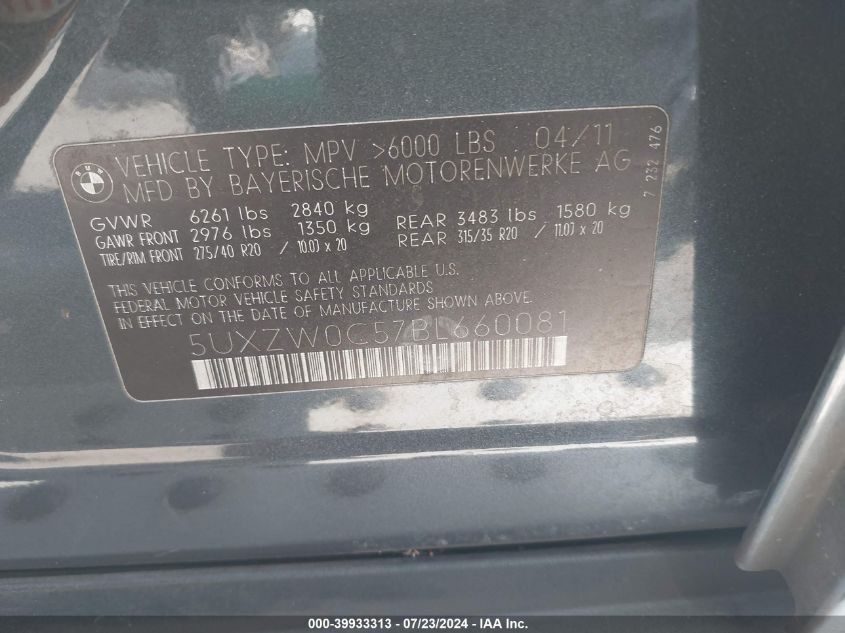 2011 BMW X5 xDrive35D VIN: 5UXZW0C57BL660081 Lot: 39933313